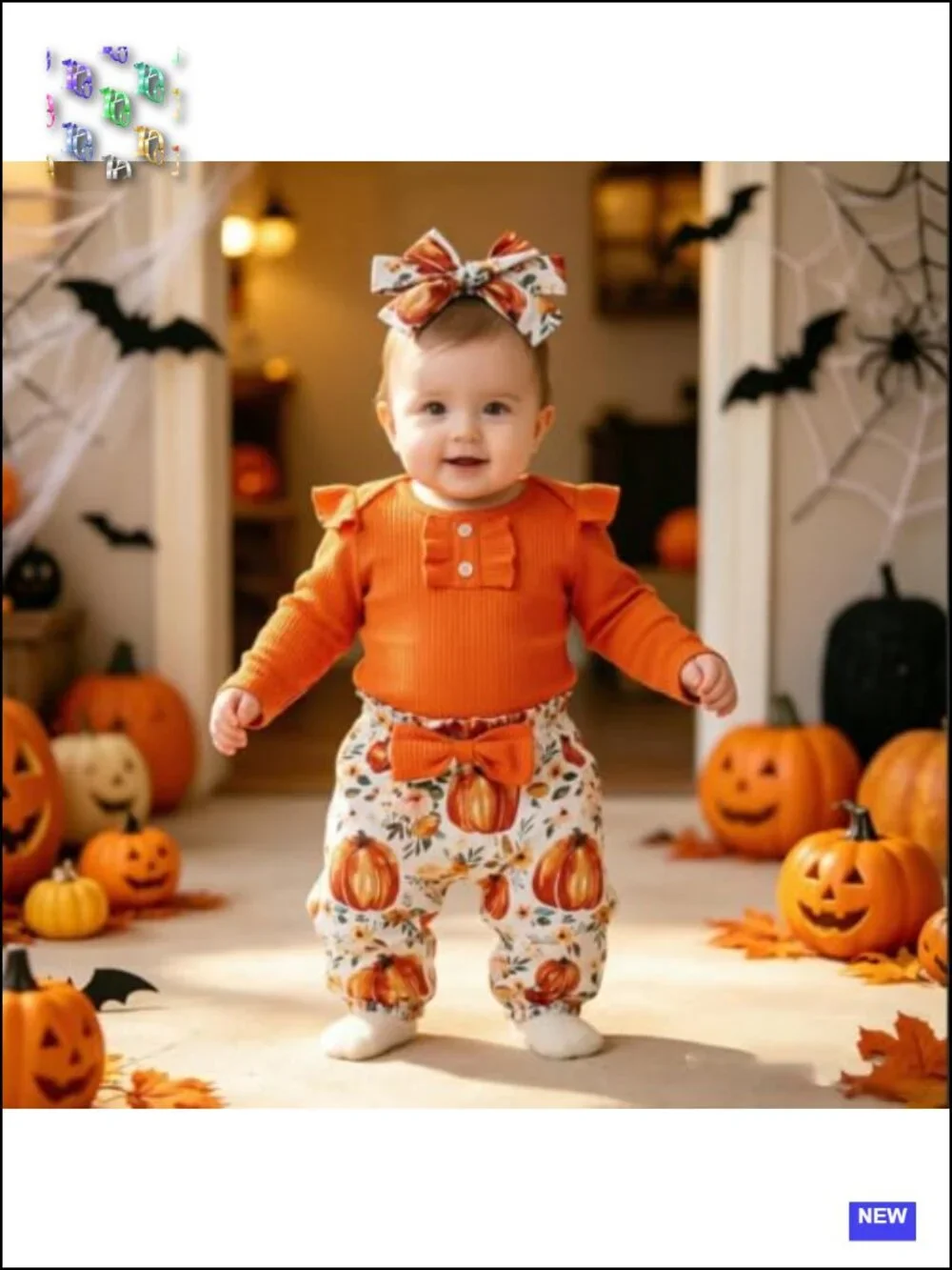 Baby Girl Halloween Pumpkin Bell Bottom Outfit 3-Piece Cotton Romper
